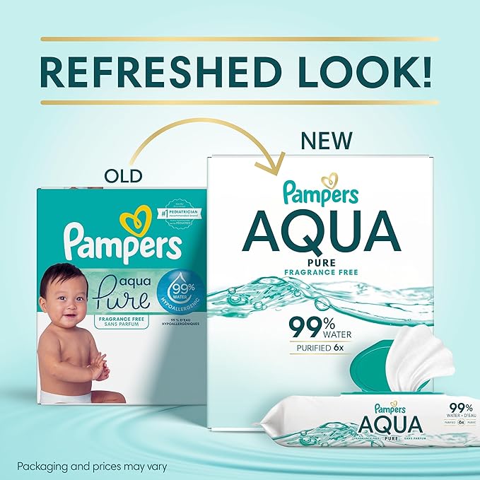 Pampers Aqua Pure Baby Wipes, 99% Water, Fragrance Free, Unscented, Water Based, Multi-Use, 336 Wipes Total (6X Flip-Top Packs) [Packaging May Vary]