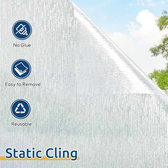 rabbitgoo Window Privacy Film Frosted Glass Clings, Decorative Sun UV Blocking Static Cling Window Covering, Removable Frosting Sticker for Home, Rain Silk, 11.8 x 78.7 Inches
