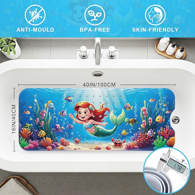 Upgrade Cartoon Baby Bath Mat Non Slip - 40"x16" Extra Long Bathtub Mat for Baby Eco Friendly Durable Bath Mat for Tub Non Slip Kids Tub Mat with Suction Cups, Machine Washable and No Fading, Mermaid