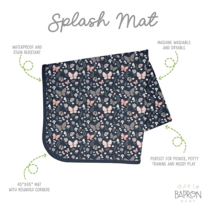 BapronBaby Butterfly Garden Splash Mat - Waterproof Catch-All for Under High Chairs, Floors, Tables, Playtime or Arts & Crafts - Machine Washable - 45" x 45”