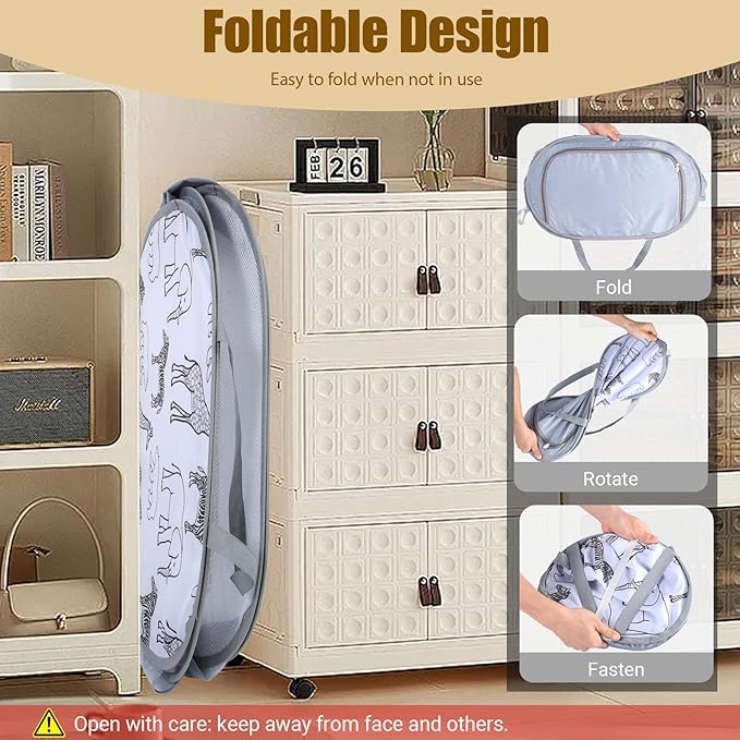 Seefoo Foldable Toy Storage Basket with Zipper Lid & Handles - Collapsible Stuffed Animal Organizer Bin, Space-Saving Lightweight Toy Chest for Baby, Kids, Nursery, Living Room - Animal Print, Gray