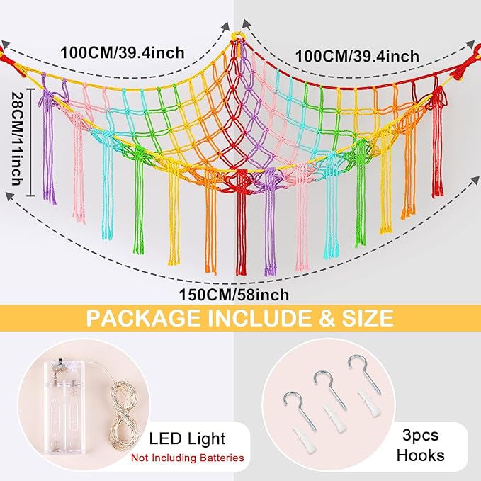 Basumee Stuffed Animals Net or Hammock with LED Light, Hanging Stuffed Animals Storage Toy Hammock Net Corner Wall Girls Room Decor Toy Storage Organizer, Rainbow, L