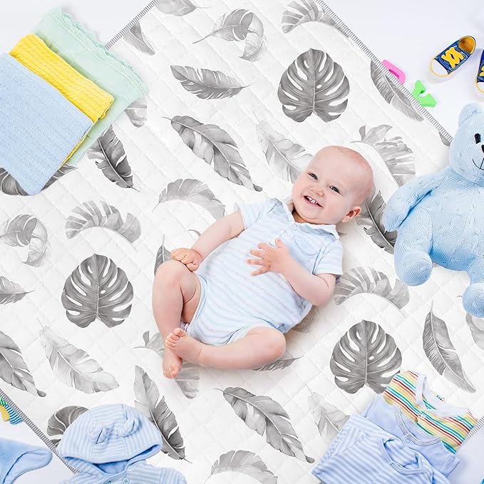 Funtery 43 x 43 Inch Boho Baby Play Mat Portable Crawling Washable Foldable Tummy Time Non Slip Baby Floor Large Playpen Mat for Infants Toddlers Floor Playpen Activity(Leaf Theme)
