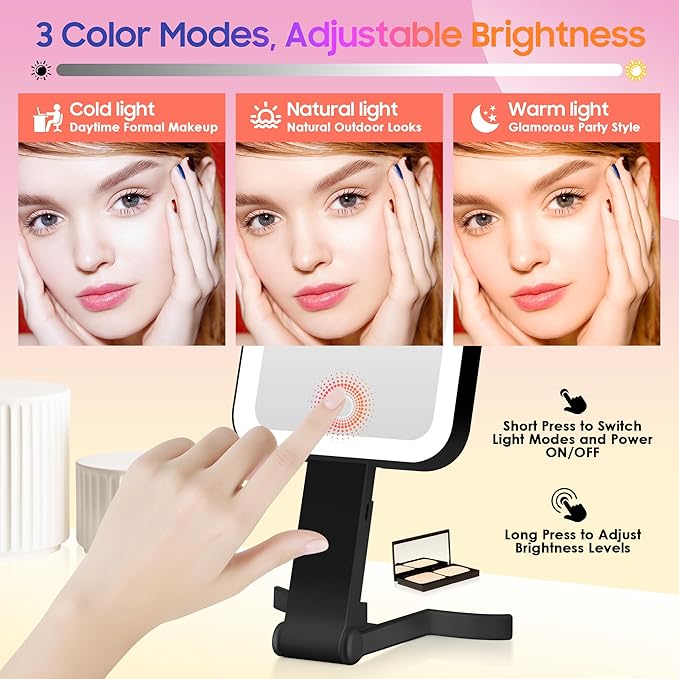 Magnifying Travel Mirror with Light, 30X/1X Double-Sided Magnifying Mirror with 3 Color Lights, Brightness Adjustable, Foldable Handheld Makeup Mirrors Portable for Travel and Desktop Use,B
