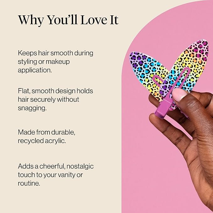 Lisa Frank x Kitsch XL Creaseless Hair Clips for Women - No Crease, No Bend Hair Clips for Styling, Makeup Application, or Face Wash | Recycled Acrylic - Rainbow Leopard | Gifts for Women, 2pcs