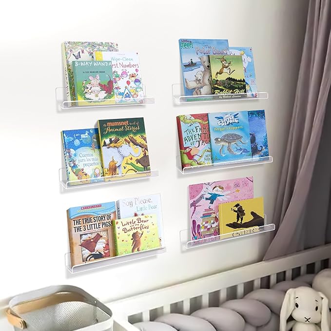 upsimples 10 Pack Clear Acrylic Shelves, 1.7" x12" Nursery Bookshelves, Small Floating Bookshelf for Kids Baby, Vinyl Wall Mount, Record Holder, Magazine Rack, Comic Display, Picture Ledge Shelf Décor