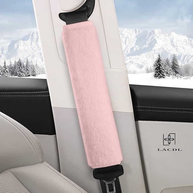 LACDL Extra Long Seatbelt Cover Super Soft Furry for Adults Kids Women & Men, Thick Plush Full Car Seat Belt Strap Cushion, Fluffy Shoulder Pad Protector, Auto Interior Accessories, Pink 13in, 2pcs