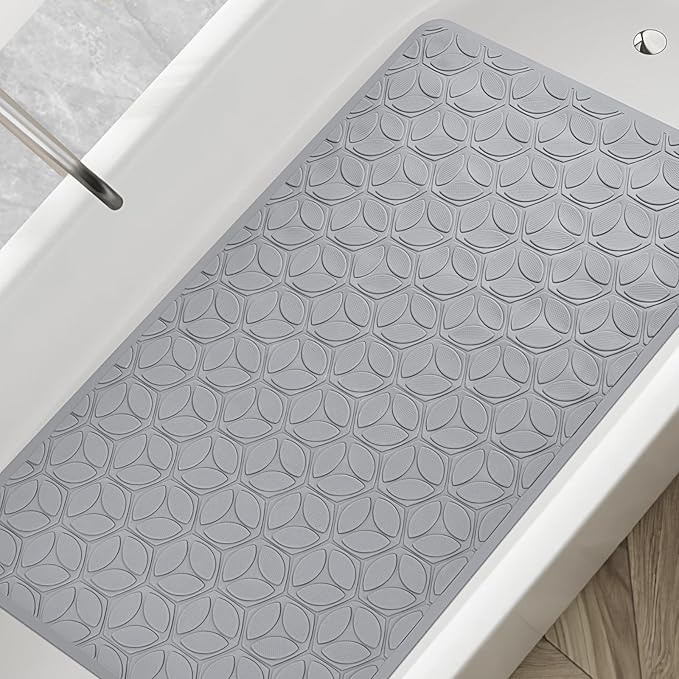 Bathtub Mat Non Slip with Suction Cups - 100% Rubber Bathroom Mat Textured for Bath Tub Shower Safety - Soft on Touch - BPA/PVC Free - Pet Dog Bath Mat - Machine Washable - 16 × 28 Inch（Gray）