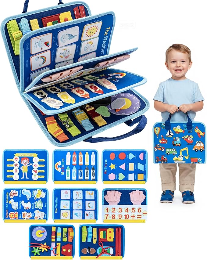 Busy Board for 1 Year Old, Busy Book for Toddlers 1-3, Montessori Toys for 1 Year Old, Educational Sensory Activities Learning Toy Fine Motor Skills, Travel Toy for Airplane or Car, Boy Birthday Gifts