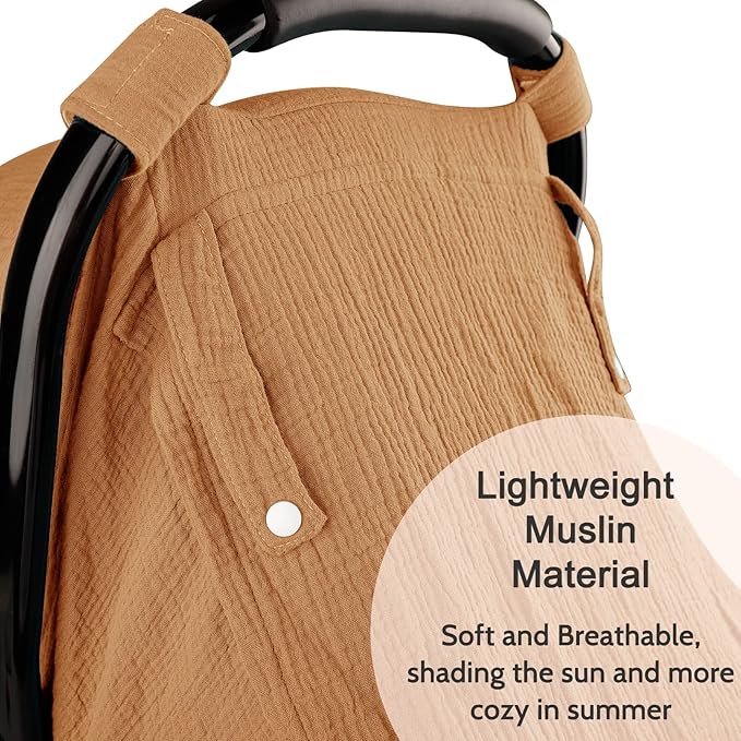 Hooyax Muslin Car Seat Covers for Babies, Summer Baby Car Seat Cover for Boys Girls with Breathable Window, Lightweight Infant Car Seat Canopy, Brown