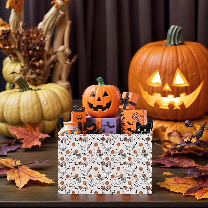 ASKETAM Large Halloween Basket Gift Cute Ghost Parties Decor Kid Trick or Treat Basket for Boys and Girls Rectangular Storage Bin Box (Ghost Basketball)
