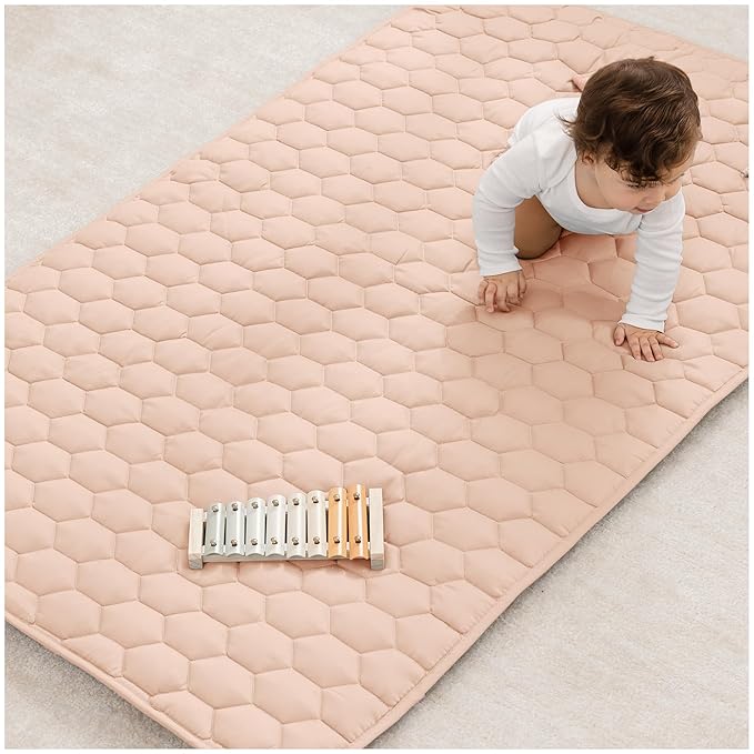 Comfy Cubs Rectangle Kids Play Mat - Small 36 x 60 inches Soft Quilted Baby Floor Mat with Non-Slip Bottom - Plush Design for Toddlers' Playtime - Comfortable and Durable - Blush