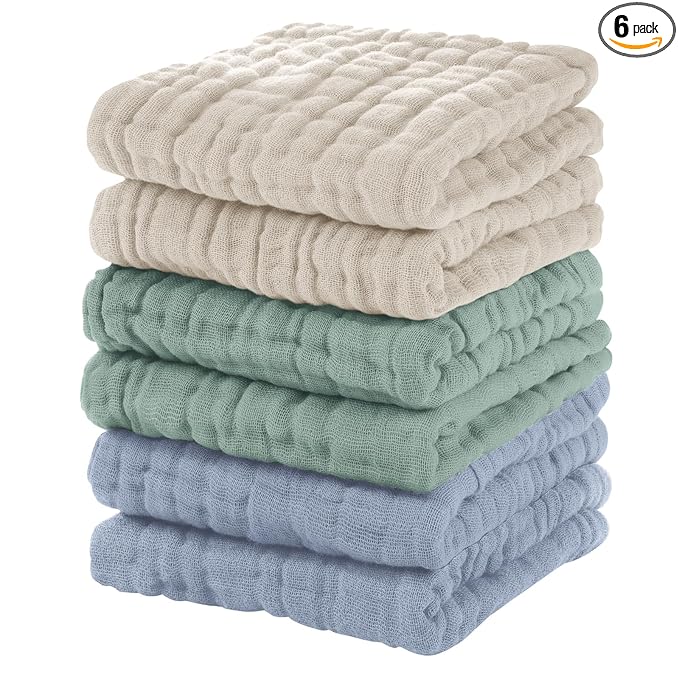 Unnivoll Muslin Burp Cloths Baby 12''X12'', Baby Washcloths 6 Pack, 100% Cotton Baby Wash Cloths Absorbent and Soft for Newborn Infants Kids Boys Girls - Apricot Green Sapphire Blue