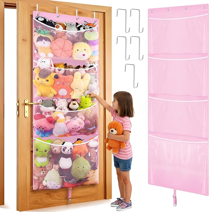 Woodoulogy Hanging Stuffed Animal Storage, Over Door Large Plush Toy Organizer with Metal Hook, Baby Accessory Holder Idea for Nursery, Doll & Bear Mesh Hammock Bag for Girl Boy Kid Room