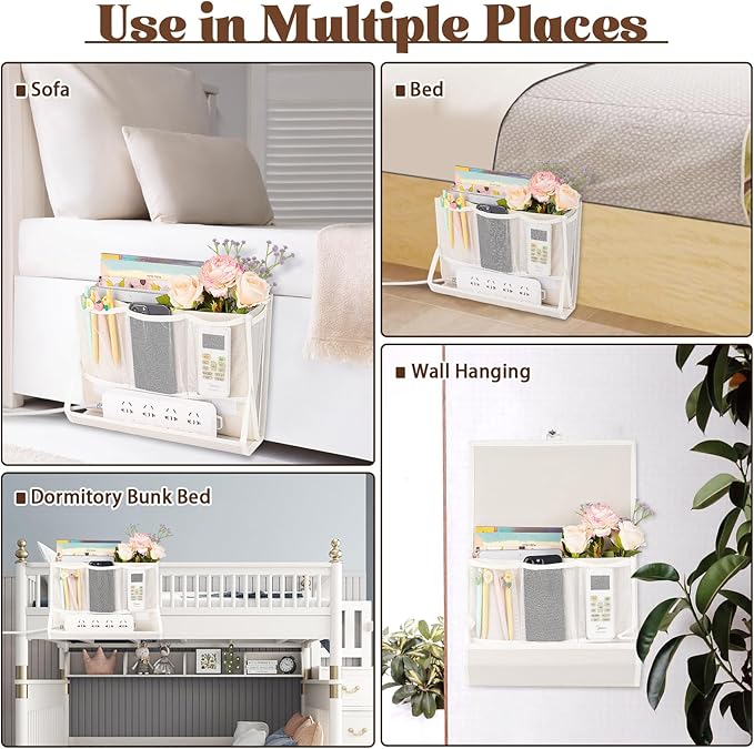 Retyion Bedside Caddy Bedside Storage Organizer Bedside Organizer with Power Strip Holder and 2 Adjustable Straps for Home Bunk Bed College Dorm Sofa (White)
