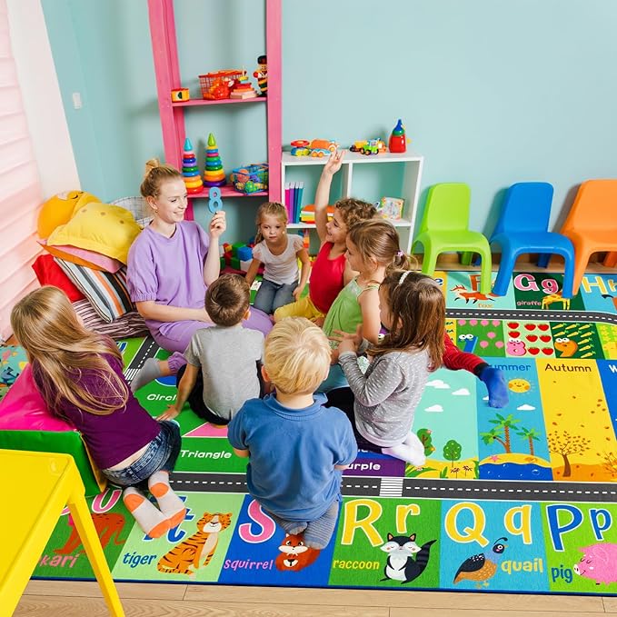 HOMORE Kids Rug, 6x9 Kids Educational Area Rugs for Learning Alphabet, Numbers, Colors, Season and Animal Words, ABC Rugs for Classroom Playroom, Green