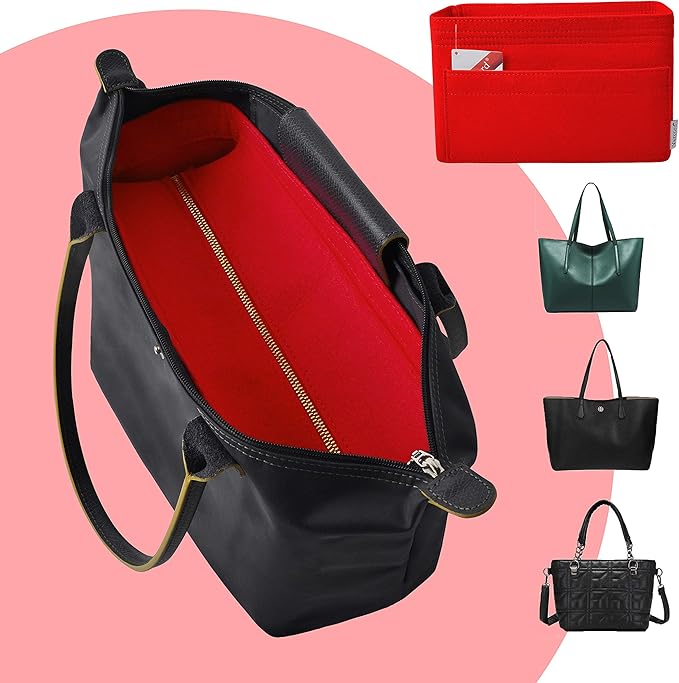 Vercord Felt Zipper Handbag Tote Purse Duffel Backpack Organizer Insert Red Medium