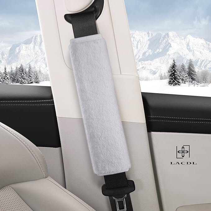 LACDL Extra Long Seatbelt Cover Super Soft Furry for Adults Kids Women & Men, Thick Plush Full Car Seat Belt Strap Cushion, Fluffy Shoulder Pad Protector, Auto Interior Accessories, Grey 10.5in, 2pcs