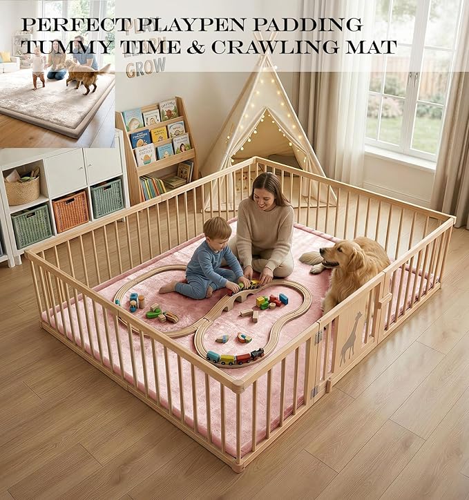 AEOCOO 71x79 Baby Play Mat for Floor, 1.3" Thick Memory Foam Cushion Toddler Baby Kids Extra Large Tummy Time Mat, Nursery Rug, CloudSoft Velvet Anti-slip for Crawling, Living Room, Tatami Style, Pink