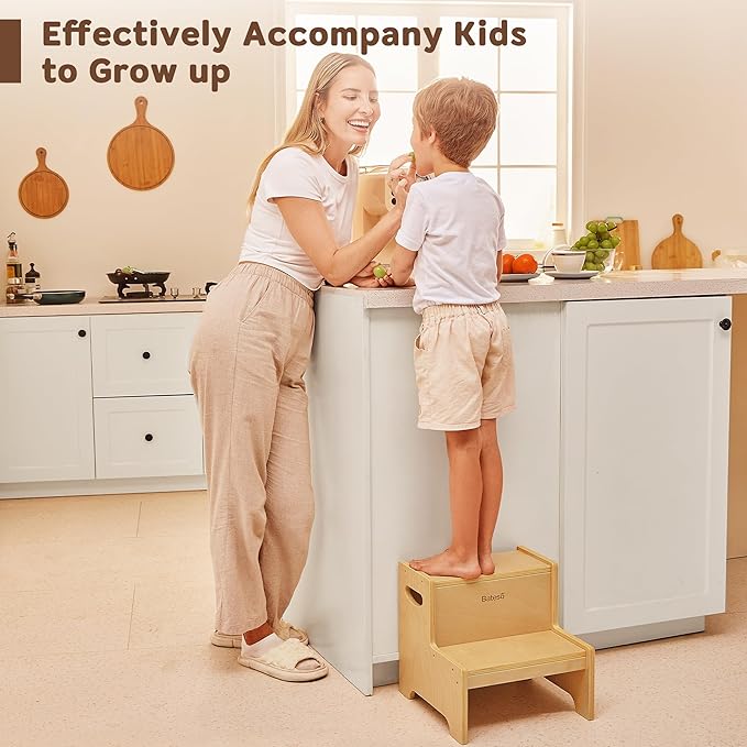 Bateso Step Stool for Kids, Wooden Toddler Step Stool with Non-Slip Mats for Bathroom Sink and Kitchen, Potty Training Stool with Handles for Toilet