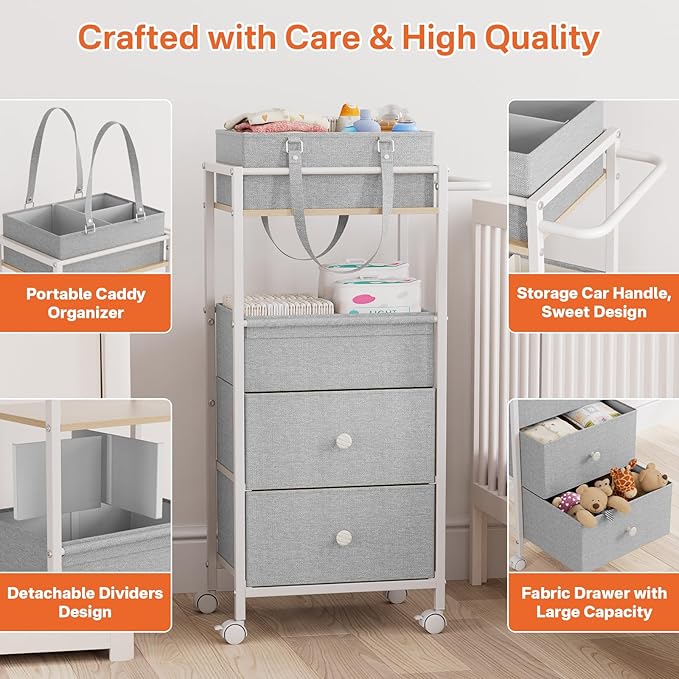 Modanais Baby Diaper Caddy Organizer Cart with Drawers - 3In1 Rolling Storage Cart with Wheels, Removable Diaper Caddy, Detachable Dividers - for Crib, Bedroom, Art & Craft Organizer (Light Gray)