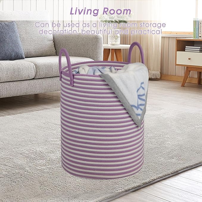 Large Laundry Basket,Laundry Hamper,15''x18'' Cotton Rope Storage Basket with Handles,baby hamper, Nursery Blanket Storage Living Room,toy basket,kids laundry,home decor (white+purple)
