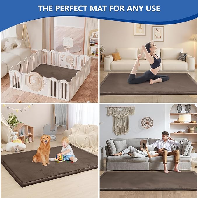 Large 79"x110" Baby Activity Play Mat for Floor,1.3" Thick Elasti Foam Cushion Mat for Tummy Time & Crawling,Non-Slip&Safe for Infants,Toddlers & Kids, for Living Room,Classroom & Playroom（Dark Brown)