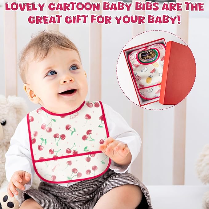 2ooya 6Pcs Baby Bibs for Eating Toddler Feeding Bibs with Crumb Catcher Pocket Fruit Adjustable Sleeveless Teething Plastic Food Bib Set Waterproof Infant Keepsake Gift for Baby Shower, 6-24 Months