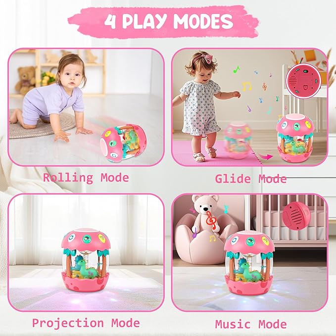 M SANMERSEN Baby Girl Toys 6-12 Months, Dinosaur Rotating Light Up Musical Baby Toys for 0-6 12-18 Months Newborn Infant Crawling Tummy Time Toys, Birthday Valentines Day Baby Girl Gifts - Pink