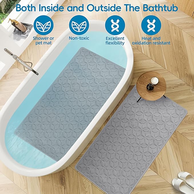 Bathtub Mat Non Slip with Suction Cups - 100% Rubber Bathroom Mat Textured for Bath Tub Shower Safety - Soft on Touch - BPA/PVC Free - Pet Dog Bath Mat - Machine Washable - 17 × 35 Inch（Gray）