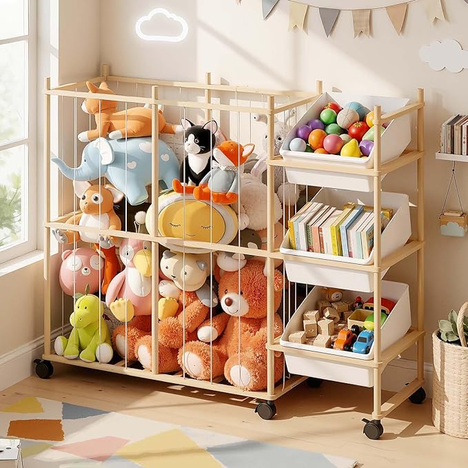 Toy Storage Organizer with 3 Removable Bins, Kids Storage Toy Shelf Organizer for Stuffed Animal Holder for Bedroom Playroom Nursery | Wood & White