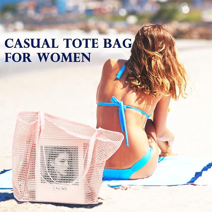 Mesh Beach Bag, Large Beach Tote with Zipper Pocket for Family Pool Bag for Toys & Vacation Essentials