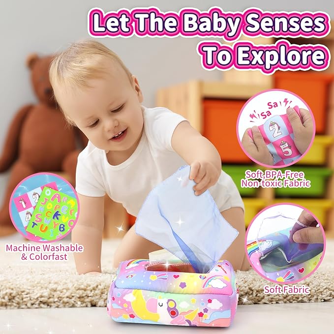 usrela Baby Toys 6 to 12 Months - Tissue Box Toy, Tissue Learning Toys with Alphabet Number Color Sound, Baby Sensory Toy Gifts for 6 9 12 18 Months Old