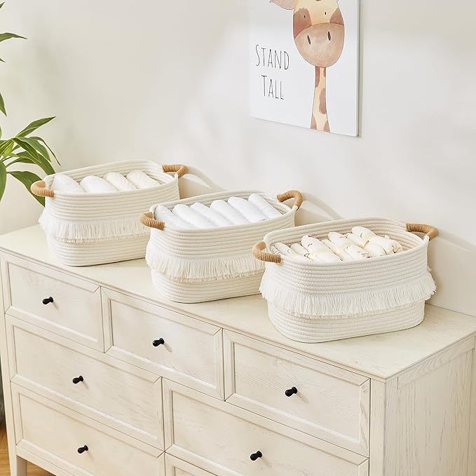 BUBUSUN Storage Bins Woven Baskets for Storage Set of 3, Cotton Rope Basket with Handles for Toys/Shelves/Laundry, Rectangle Multi-Purpose Organizer for Living Room, Bedroom, Nursery (White)