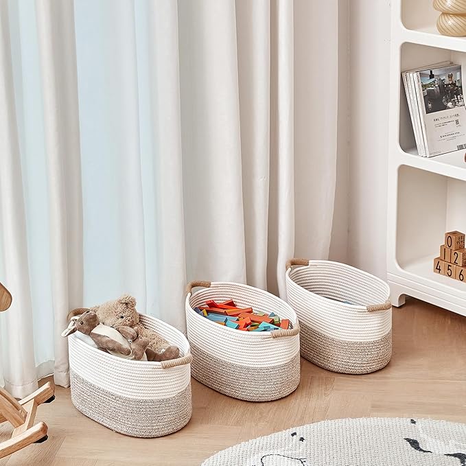 R RUNKA Storage Baskets for Organizing | 15"x10.2"x9.1" - 1 Pack Nursery Bin with Handles - Woven Cotton Rope Baskets for Dog Toys, Books, Shelf, Bathroom,Closet -Stylish Storage | White & Beige