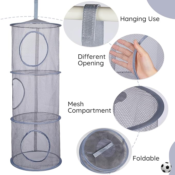 Basumee Stuffed Animals Net or Hammock 2 Pcs Stuffed Animals Storage Toy Net Hammock for Plushies Storage Organizer Mesh Kids Girls Room Decor, Gray, 3 Tiers