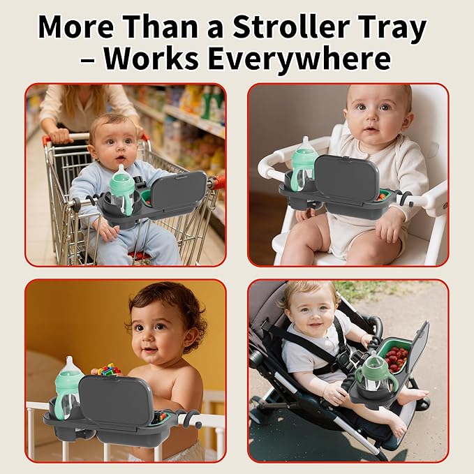 Universal Stroller Snack Tray, with Cup Holder & Removable Silicone Tray – 3-in-1 Stroller Tray Attachment for Uppababy, Nuna, Mockingbird – Easy Clean, Stable Grip, Toddler Snacking On The Go