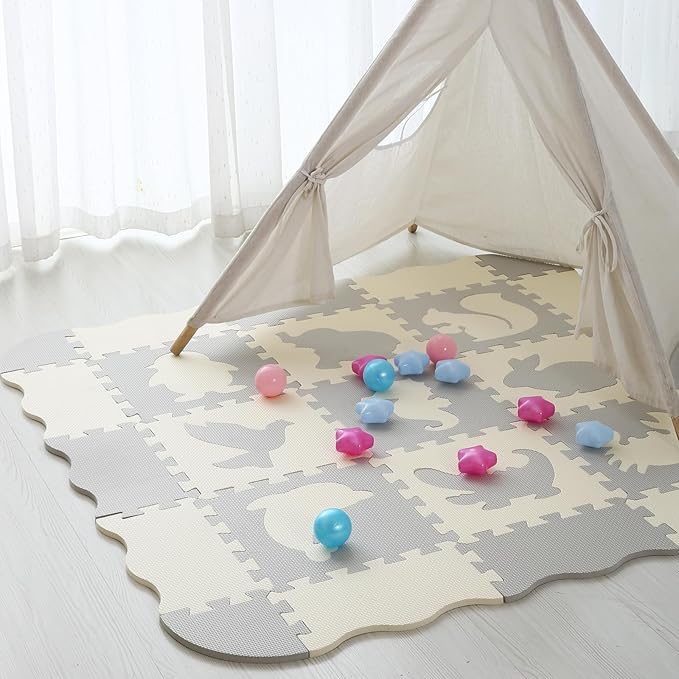Tamiplay Foam Play Mat for Kids，25Pcs Square Interlocking Puzzle Floor Mat，Baby Play Mat Floor Mat Foam Puzzle Playmat for Toddlers with Fence（Animal-CSH039