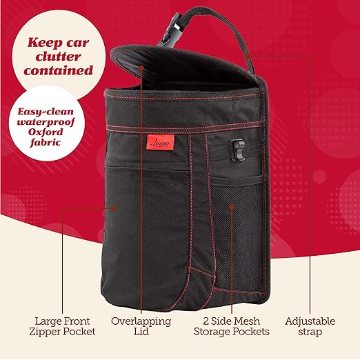 Lusso Gear Spill-Proof Car Trash Can - Leak-Proof Lid & Removable Liner for Car Bin - Travel Organizer with Mesh Pockets - 2.5 Gal, Black w Red Stitching