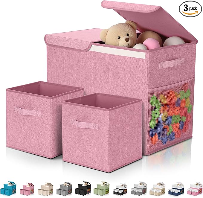 Fiwochic 3 Pack 23" Large Toy Storage Box with 11" Cubes Bins, Collapsible Toy Organizer Chest with Lids for Kids Nursery Playroom Bedroom Living Room Christmas Ornament Storage Box(Pink)