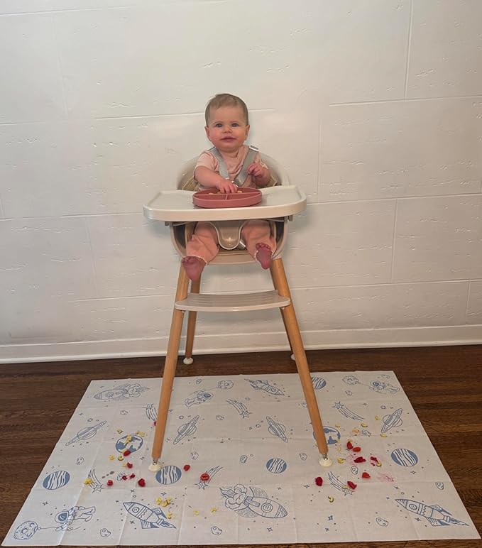 Food Catcher Splat Mat for Underneath Highchair | Premium Durable Material | Biodegradable | Disposable (30 Count)| Compatible with All Highchairs | Baby Food Mess Catcher- (Blue Out of This World)