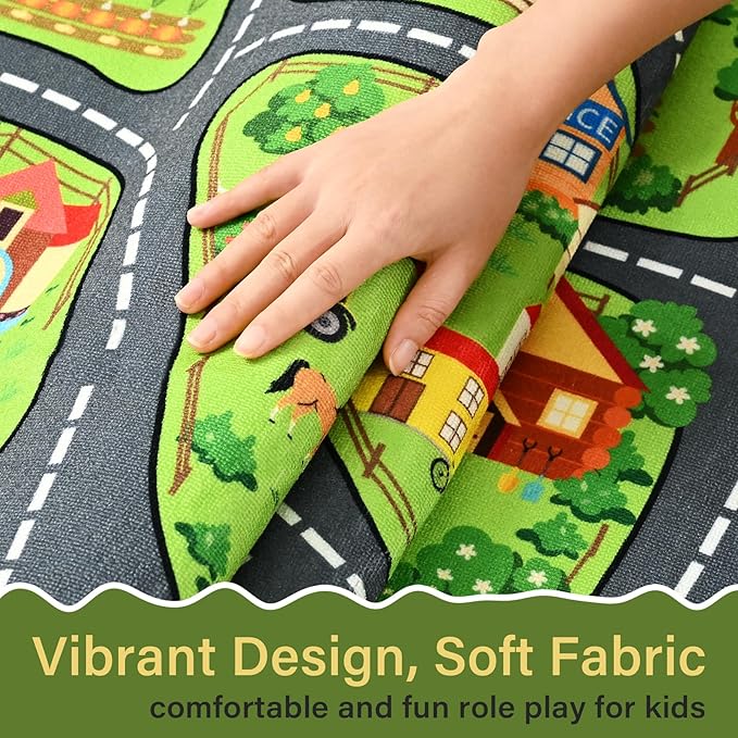 Farmyard Adventure Play Rugs, Educational and Fun Farm Play Mat for Kids, 5x7ft Non-Slip Playmat with Barns, Animals & Crops for Imaginative Play, Nursery, Playroom and Classroom