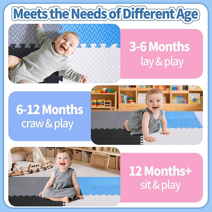 Coolcandy Baby Foam Play Mat 16Pcs with Edge Strips, 4 Colors Interlocking Floor Tiles, 0.4″ Thickened Non-Slip Puzzle Floor Mat for Infants Toddlers Playroom & Daycare