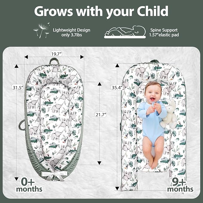 Baby Lounger-Breathable and Soft Organic 100% Cotton, Portable Infant Lounger with Removable Lounger Cover, Baby Nest Lounger for Newborn - Green Zoo