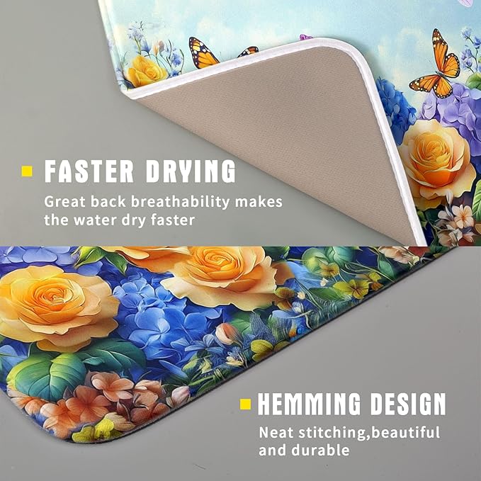 Spring Blue Yellow Hydrangeas Flowers Dish Drying Mat for Kitchen Counter,Colorful Butterflies Flying Drying Mat 16 x 18 Inch with High Absorbent Microfiber Drainer Mat for Coffee Bar