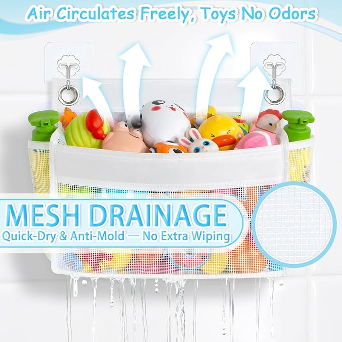 Bath Toy Holder 2-in-1 Zip-Connect Bathtub Toy Storage with 4 Suction Cups No Falling & one-Click Toy Release Quick-Dry Mesh Baby Shower Toy Holder - Kids Bath Toy Net for Tub Organizer