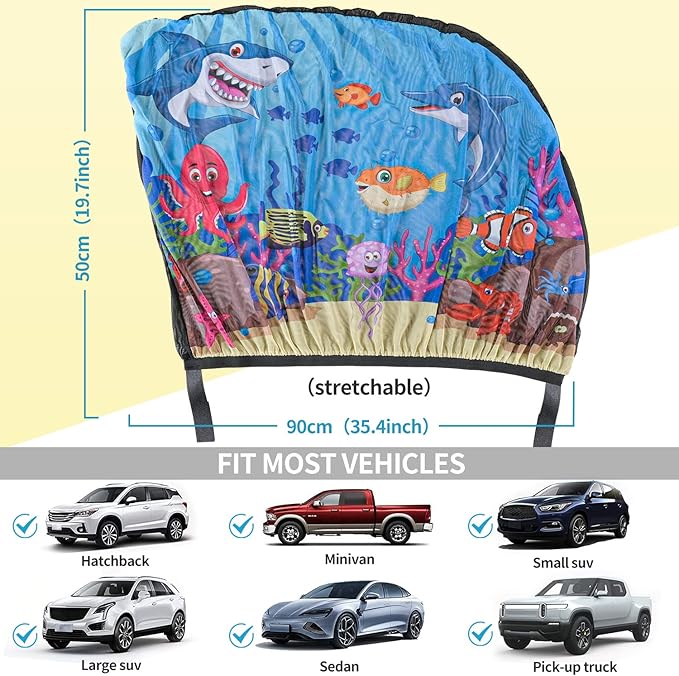 MOVINPE Car Window Shade for Baby, 2-Pack Breathable Mesh Rear Window Screens, Universal Stretchable Sun Shades, Heat and UV Block, Privacy Shield for Toddler Kids Babies (Undersea)
