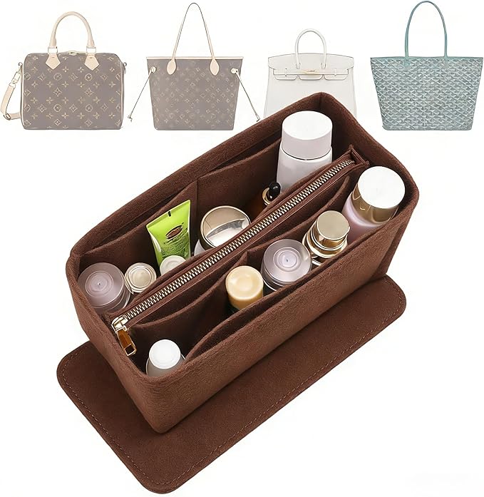 Doxo Large Felt Purse Organizer Insert - 10 Compartments with Removable Zipper | Bag Organizer Insert Fits LV Speedy 35, LV Neverfull GM & More for Women Handbag Tote Bag (Brown)