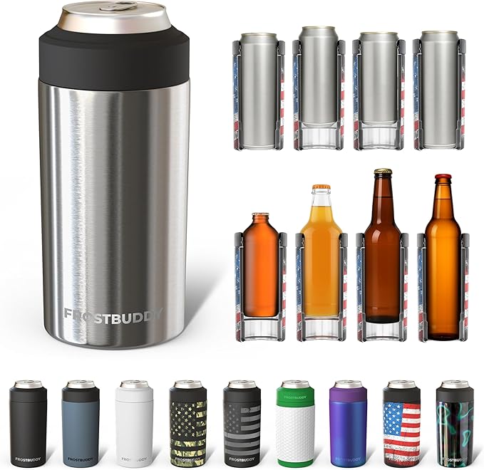Frost Buddy Universal Can Cooler - Fits all - Stainless Steel Can Cooler for 12 oz & 16 oz Regular or Slim Cans & Bottles - Stainless Steel