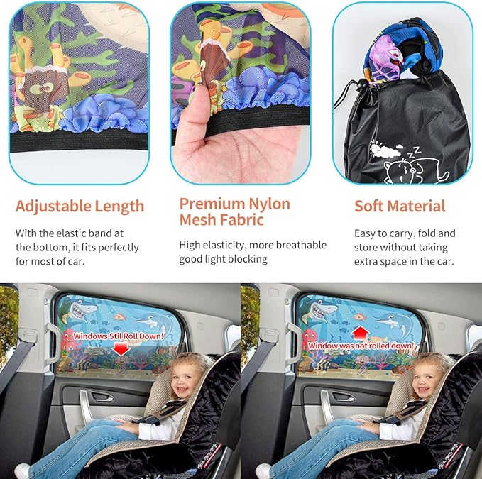 MOVINPE Car Window Shade for Baby, 2-Pack Breathable Mesh Rear Window Screens, Universal Stretchable Sun Shades, Heat and UV Block, Privacy Shield for Toddler Kids Babies (Undersea)
